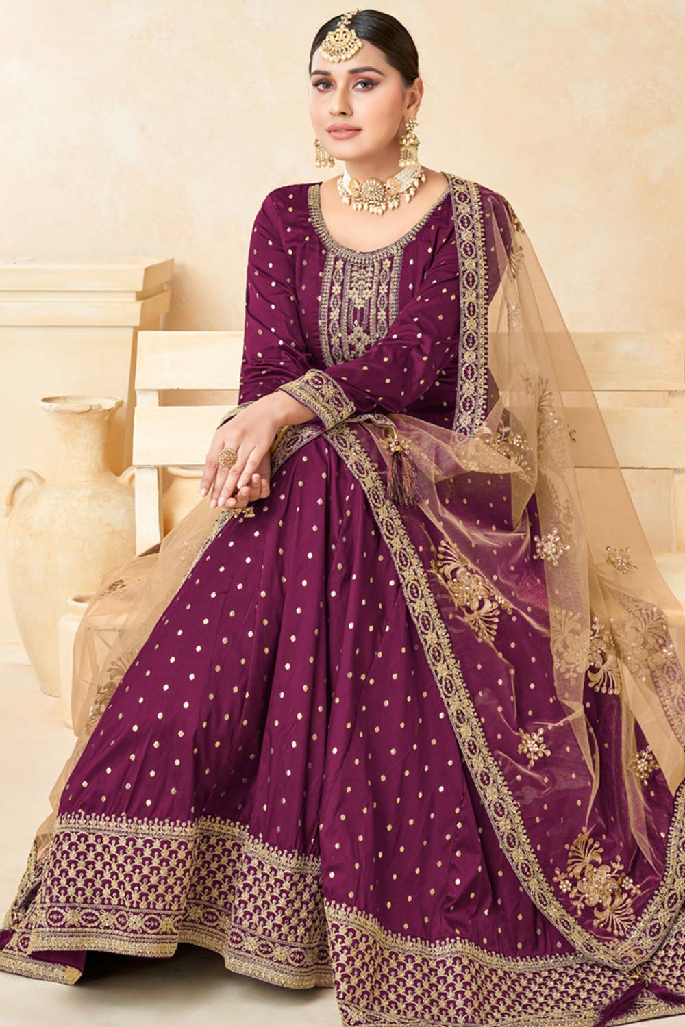 Wine Tafeta Silk Embroidery Anarkali Suit