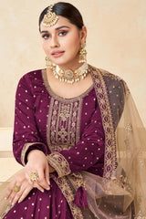 Wine Tafeta Silk Embroidery Anarkali Suit