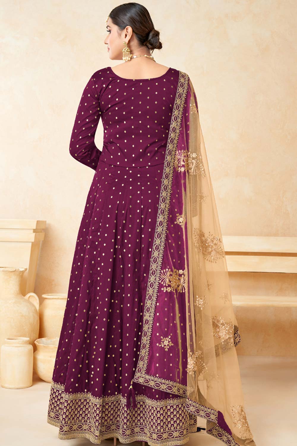 Wine Tafeta Silk Embroidery Anarkali Suit