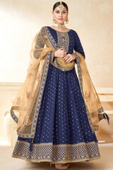 Navy Blue Tafeta Silk Embroidery Anarkali Suit