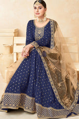 Navy Blue Tafeta Silk Embroidery Anarkali Suit