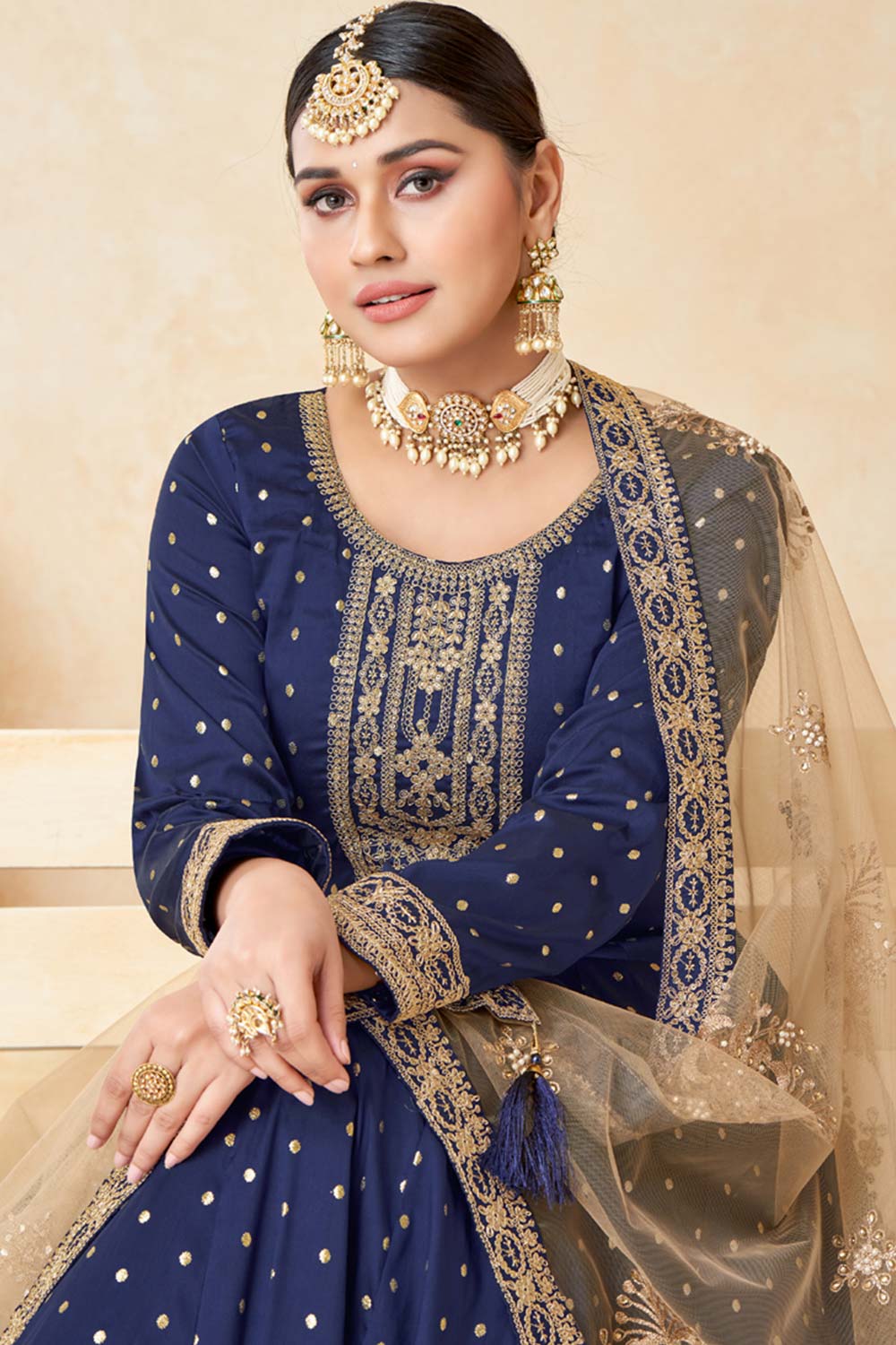 Navy Blue Tafeta Silk Embroidery Anarkali Suit