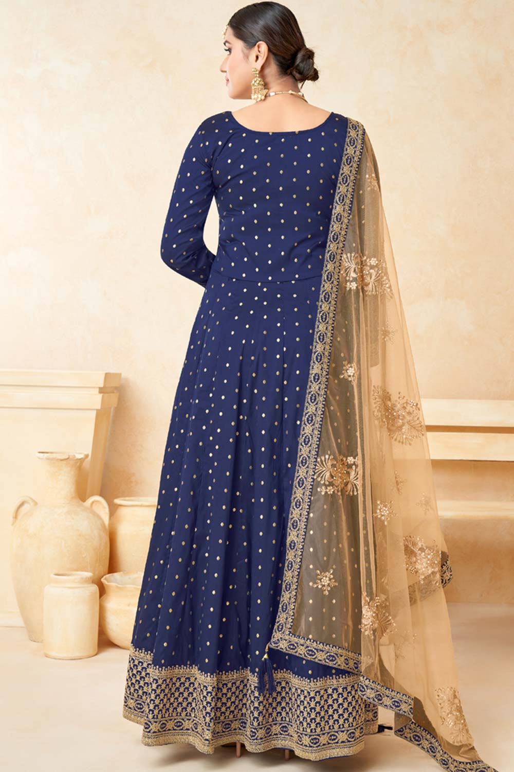 Navy Blue Tafeta Silk Embroidery Anarkali Suit