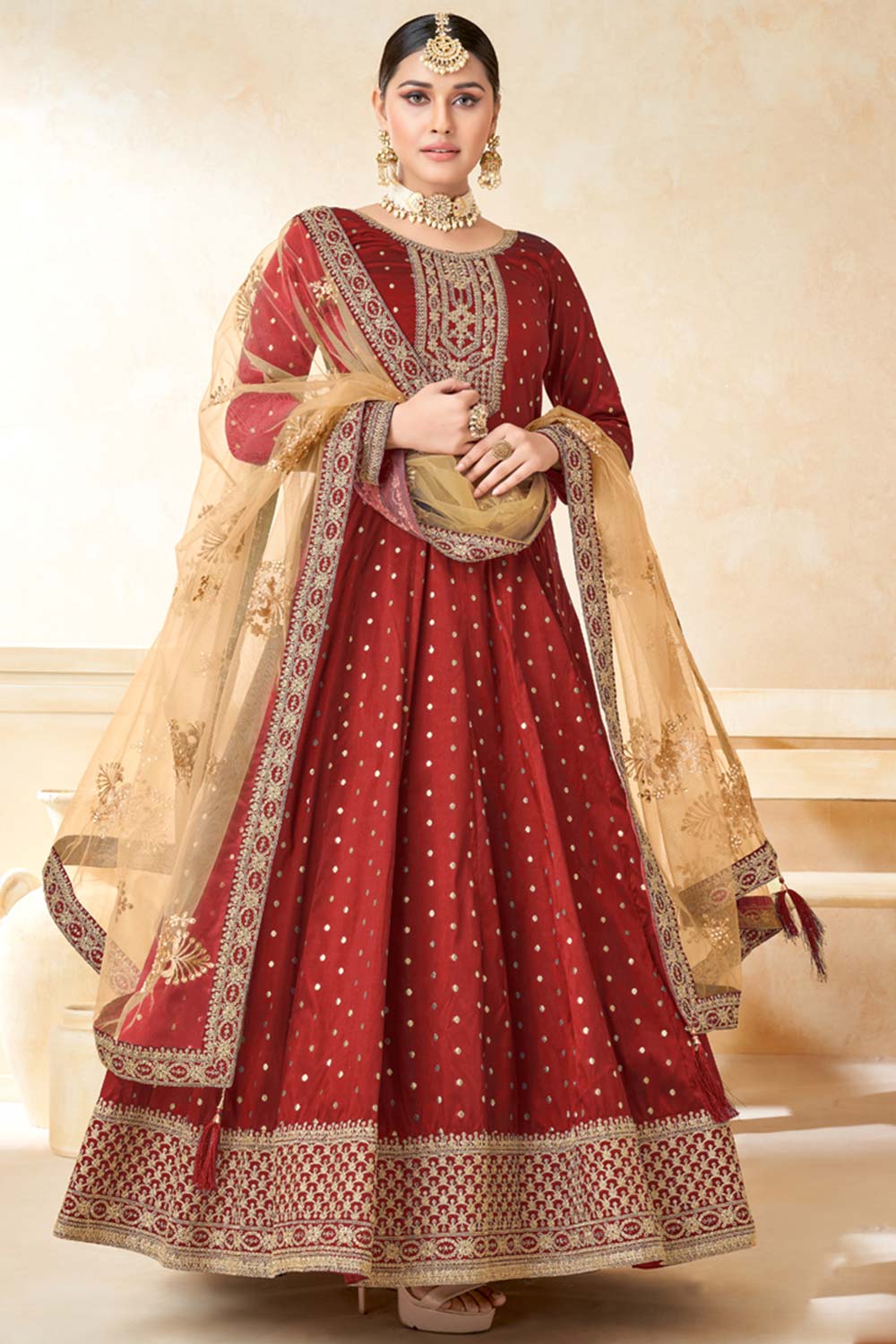 Red Tafeta Silk Embroidery Anarkali Suit