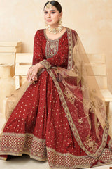 Red Tafeta Silk Embroidery Anarkali Suit