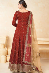 Red Tafeta Silk Embroidery Anarkali Suit