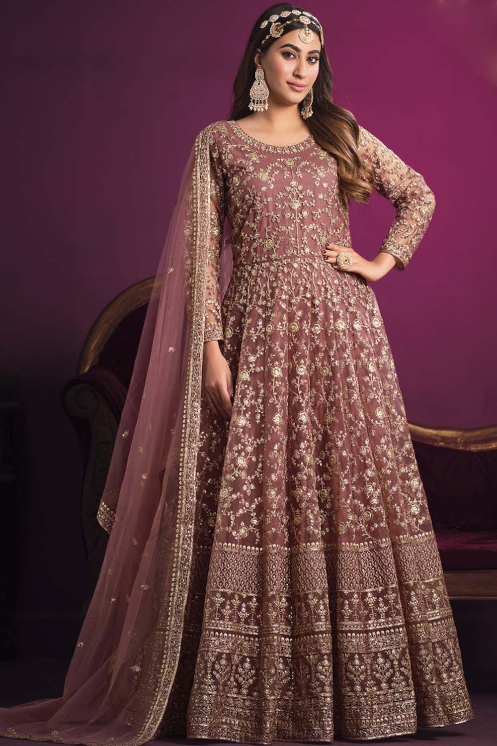 Onion Pink Net Embroidery Anarkali Suit