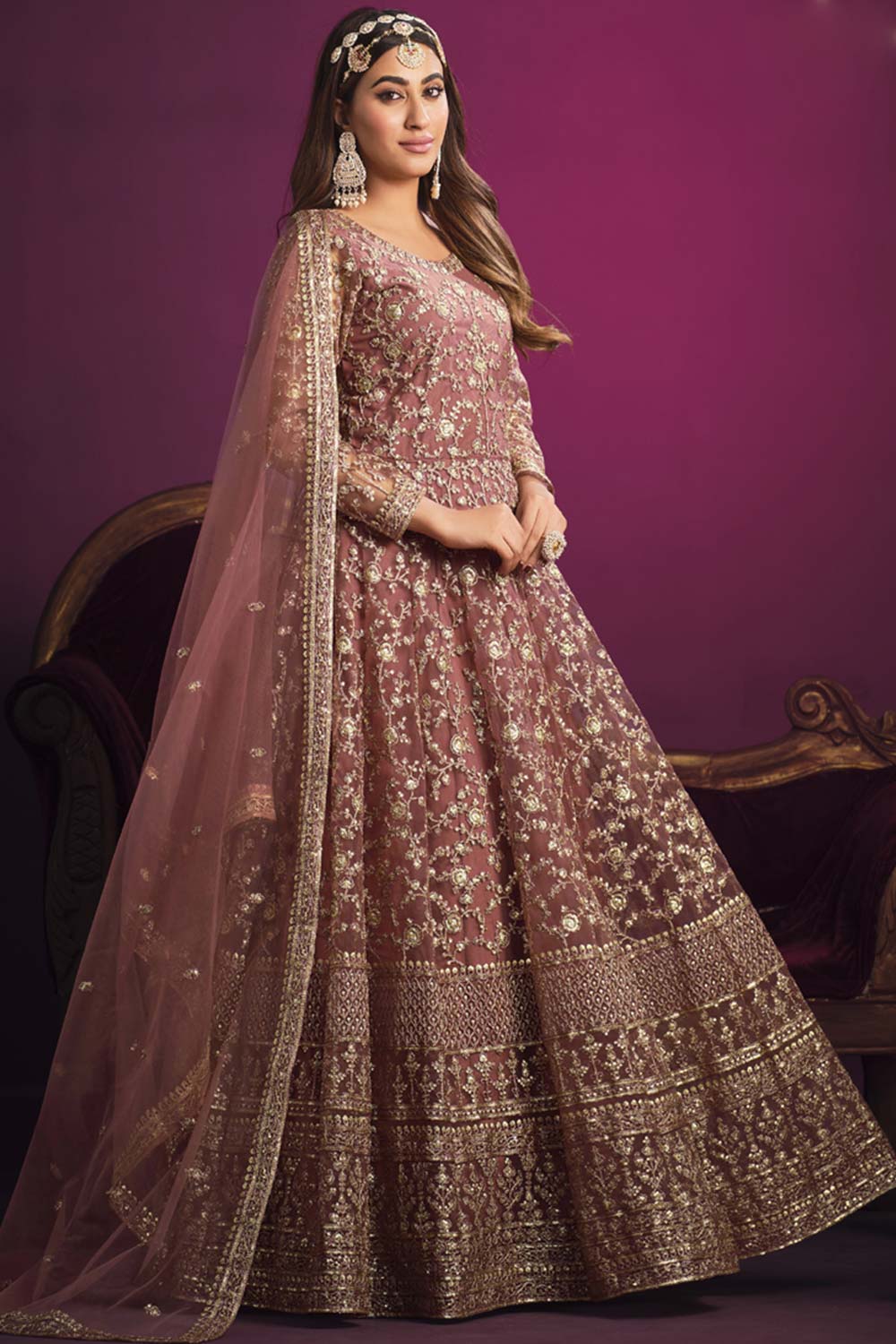 Onion Pink Net Embroidery Anarkali Suit