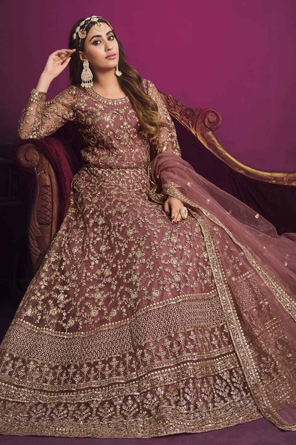 Onion Pink Net Embroidery Anarkali Suit