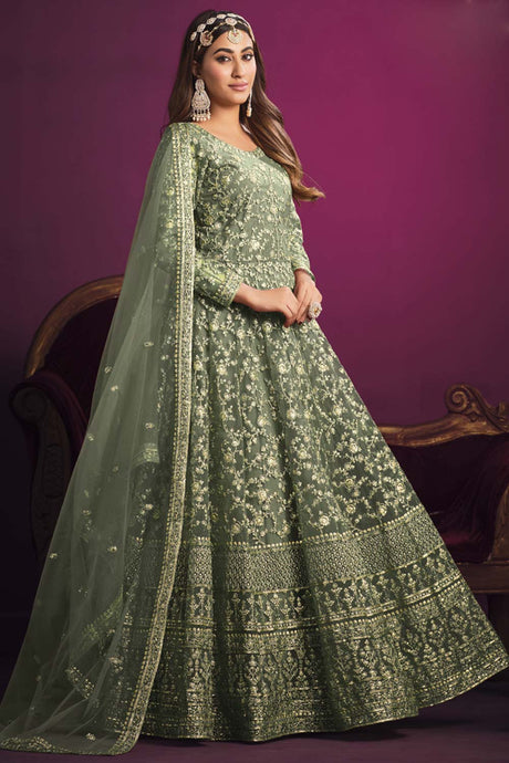 Green Net Embroidery Anarkali Suit