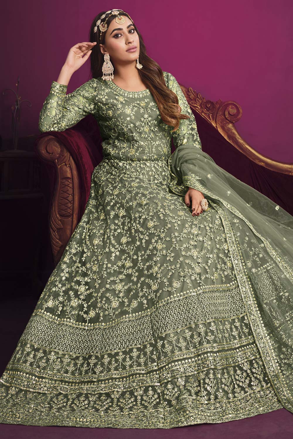 Green Net Embroidery Anarkali Suit