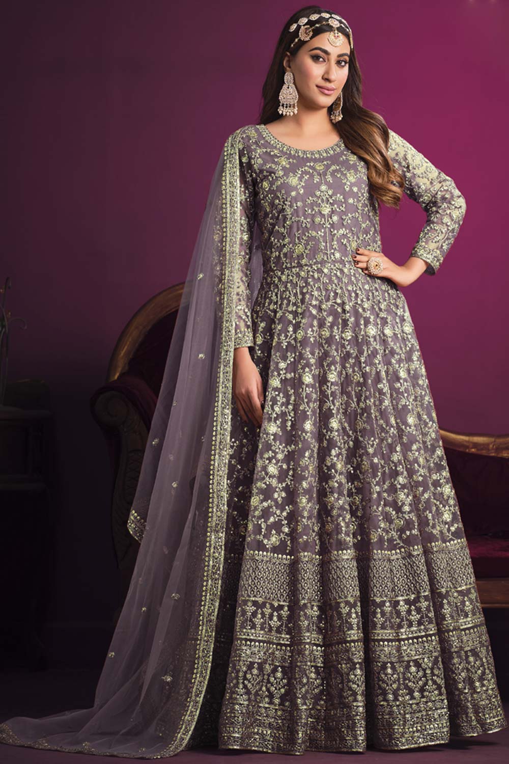 Purple Net Embroidery Anarkali Suit