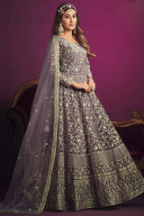 Purple Net Embroidery Anarkali Suit