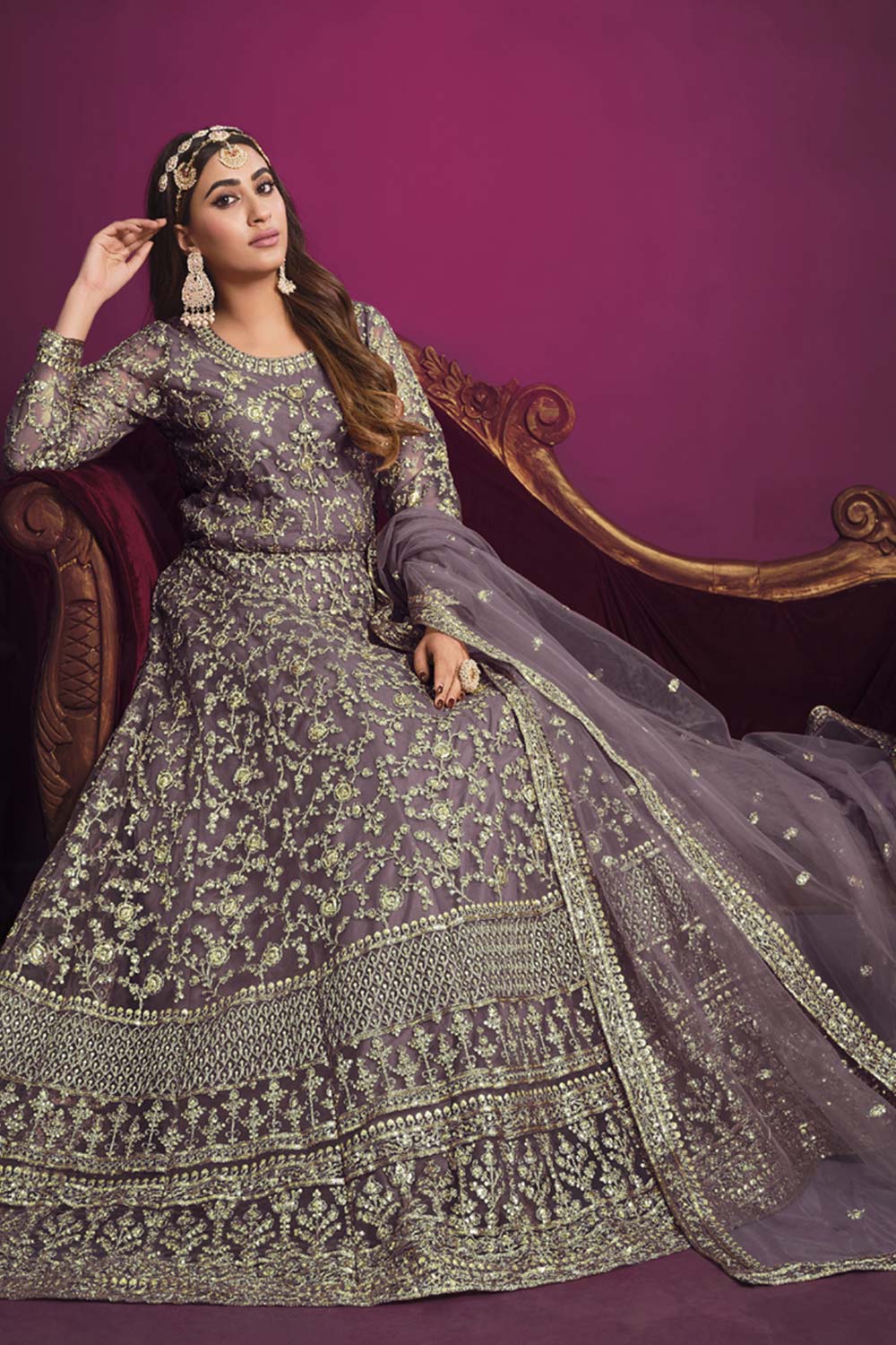 Purple Net Embroidery Anarkali Suit