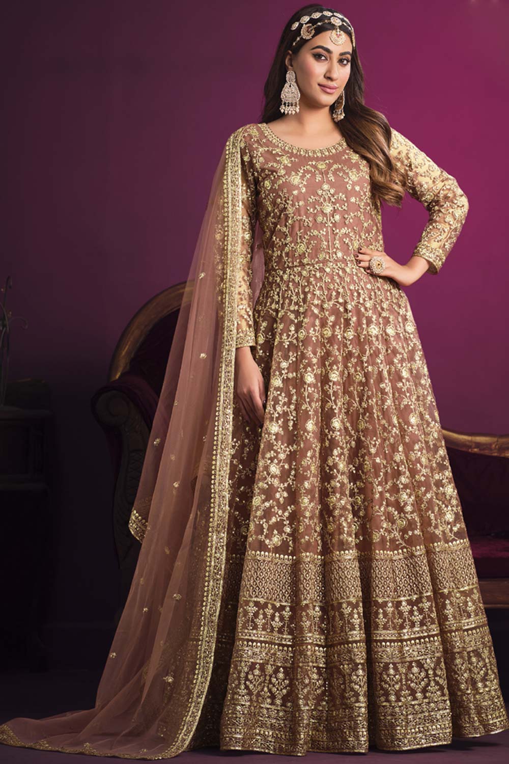 Peach Net Embroidery Anarkali Suit