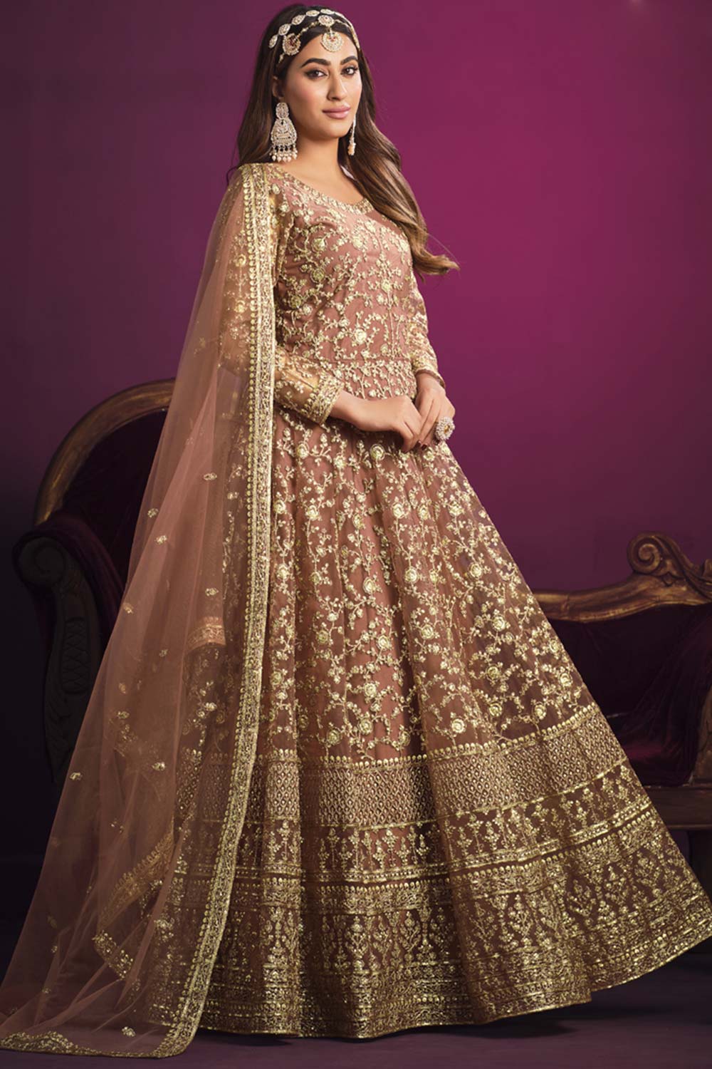 Peach Net Embroidery Anarkali Suit