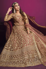 Peach Net Embroidery Anarkali Suit