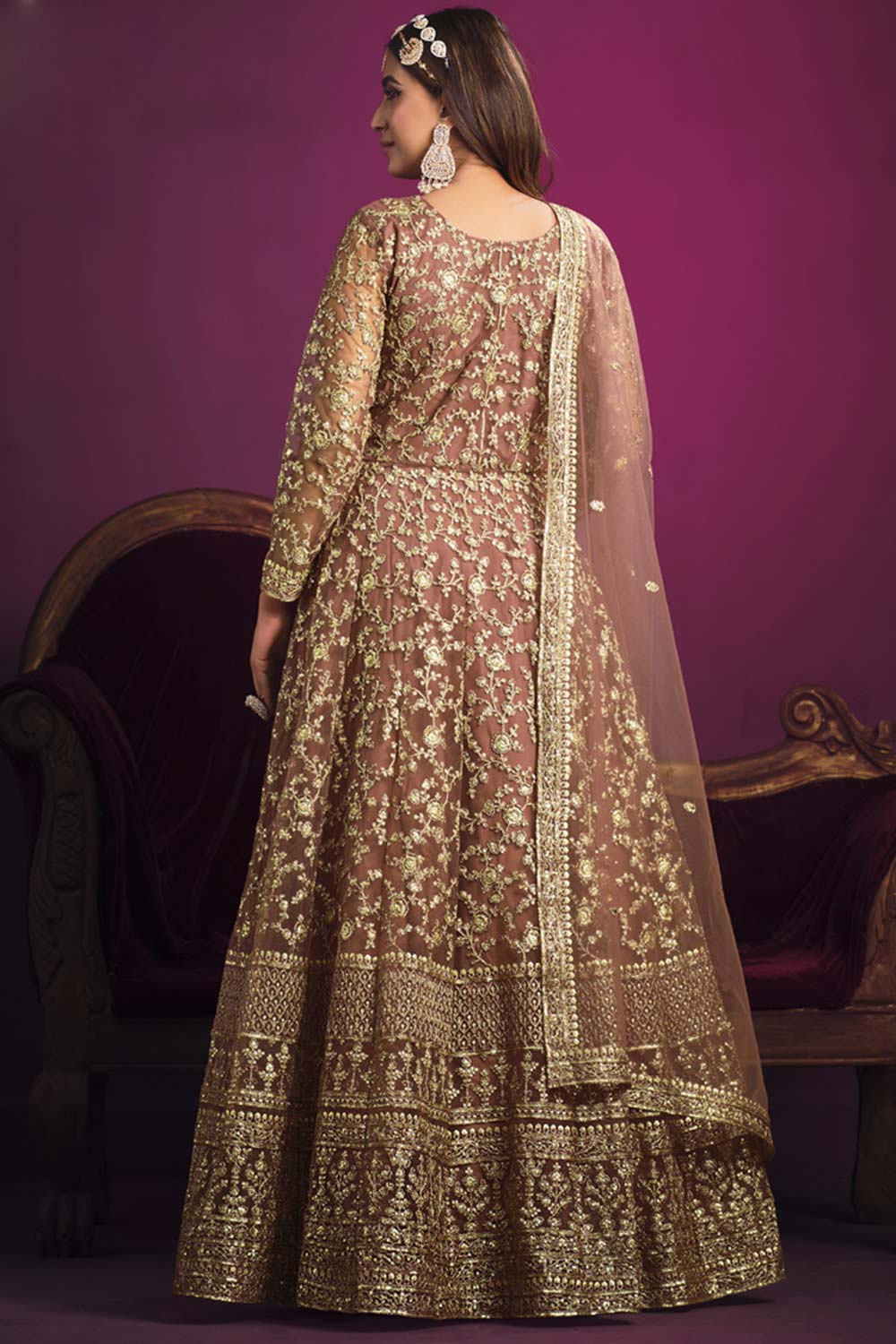 Peach Net Embroidery Anarkali Suit