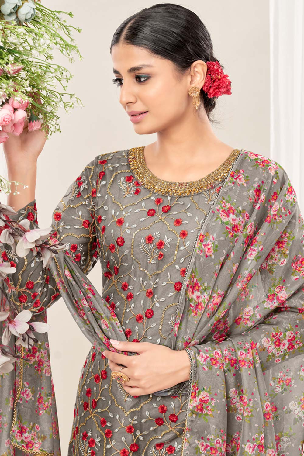 Grey Net Embroidery Salwar Suit