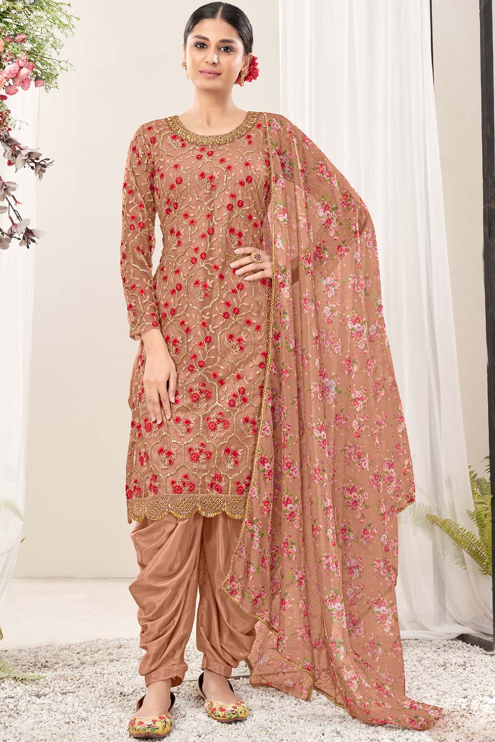 Peach Net Embroidery Salwar Suit