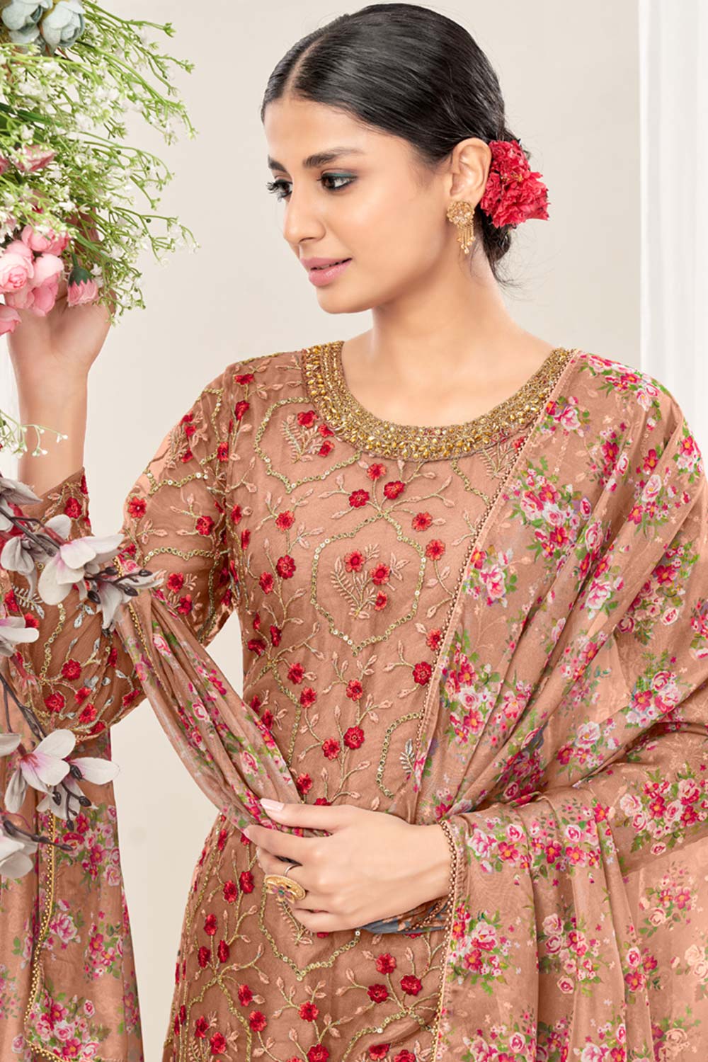 Peach Net Embroidery Salwar Suit