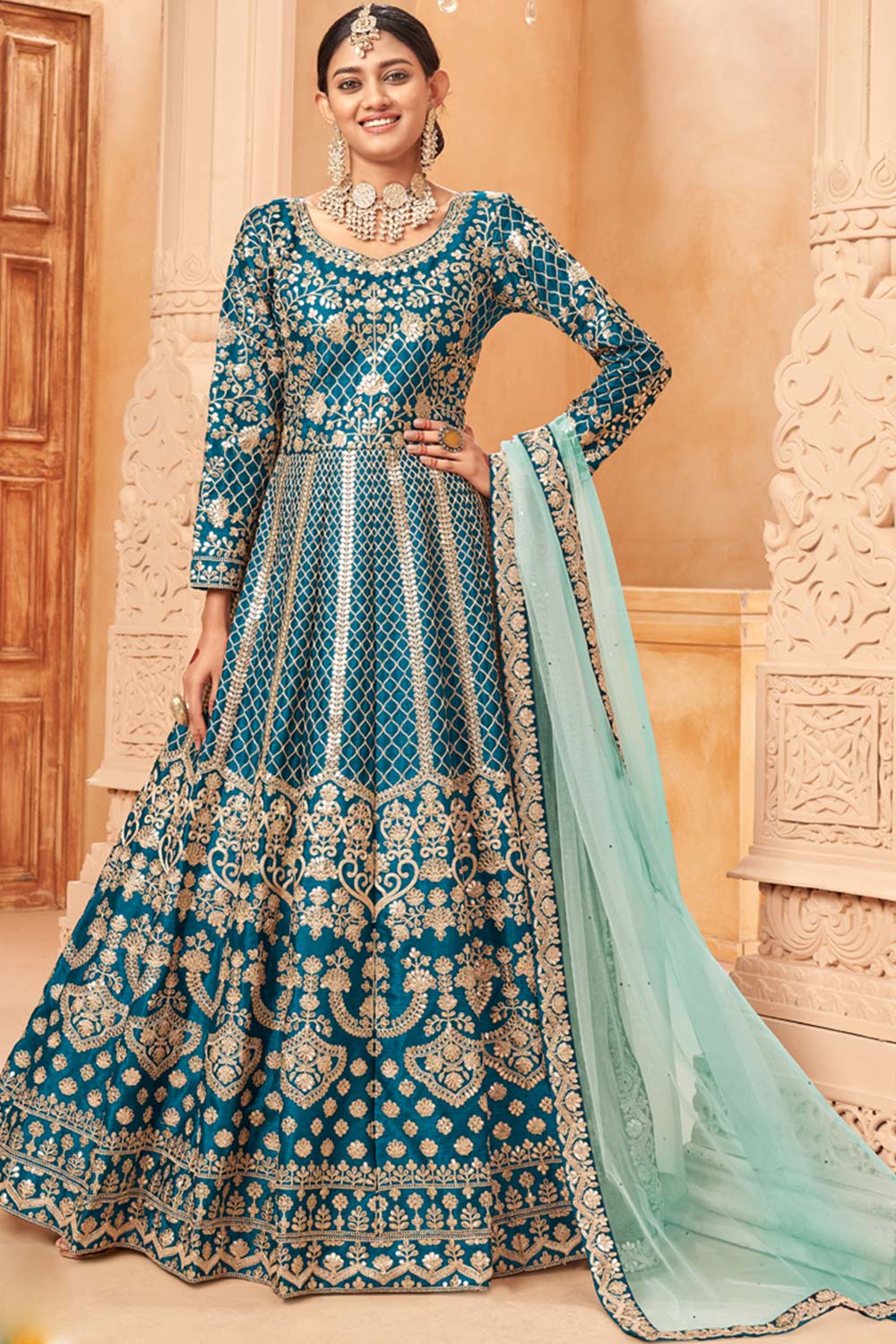 Turquoise Art Silk Embroidery Anarkali Suit