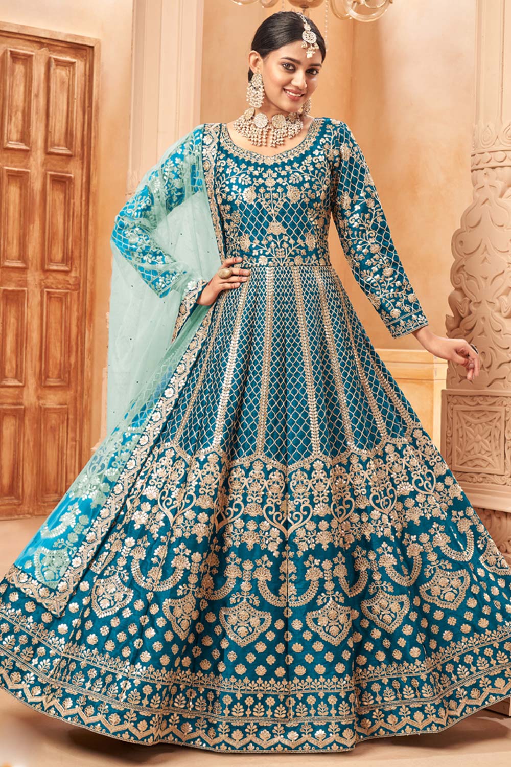 Turquoise Art Silk Embroidery Anarkali Suit