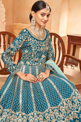 Turquoise Art Silk Embroidery Anarkali Suit