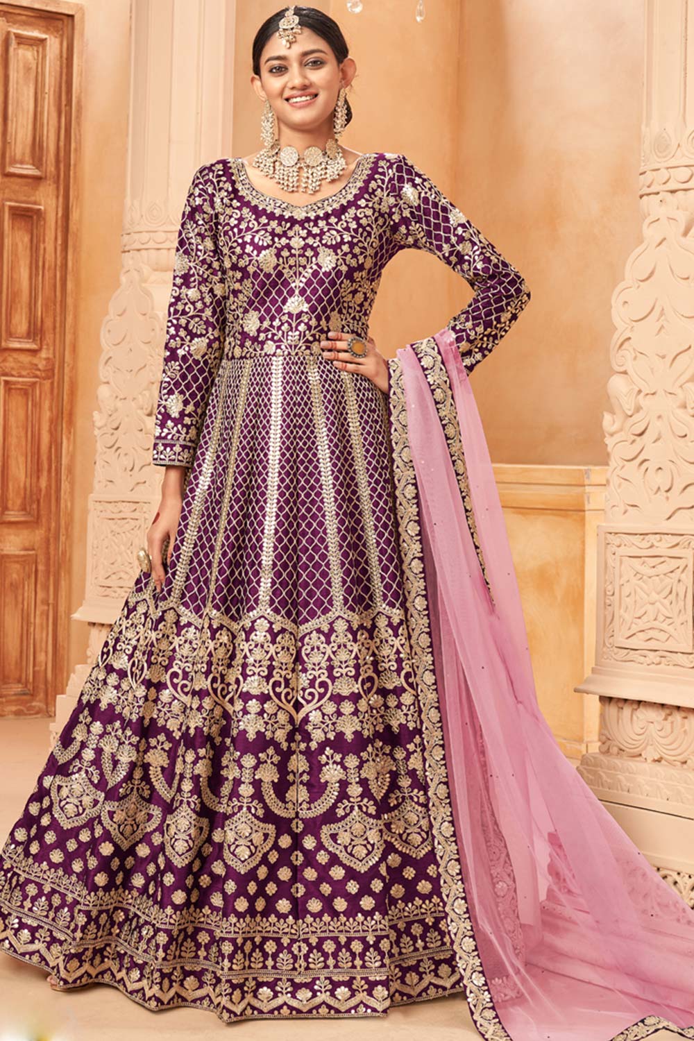 Wine Art Silk Embroidery Anarkali Suit