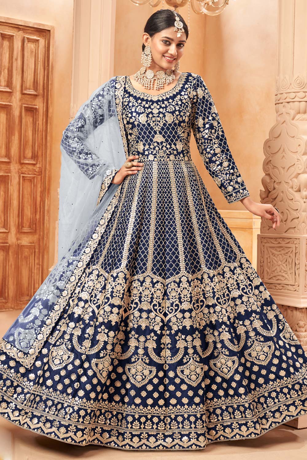 Navy Blue Art Silk Embroidery Anarkali Suit