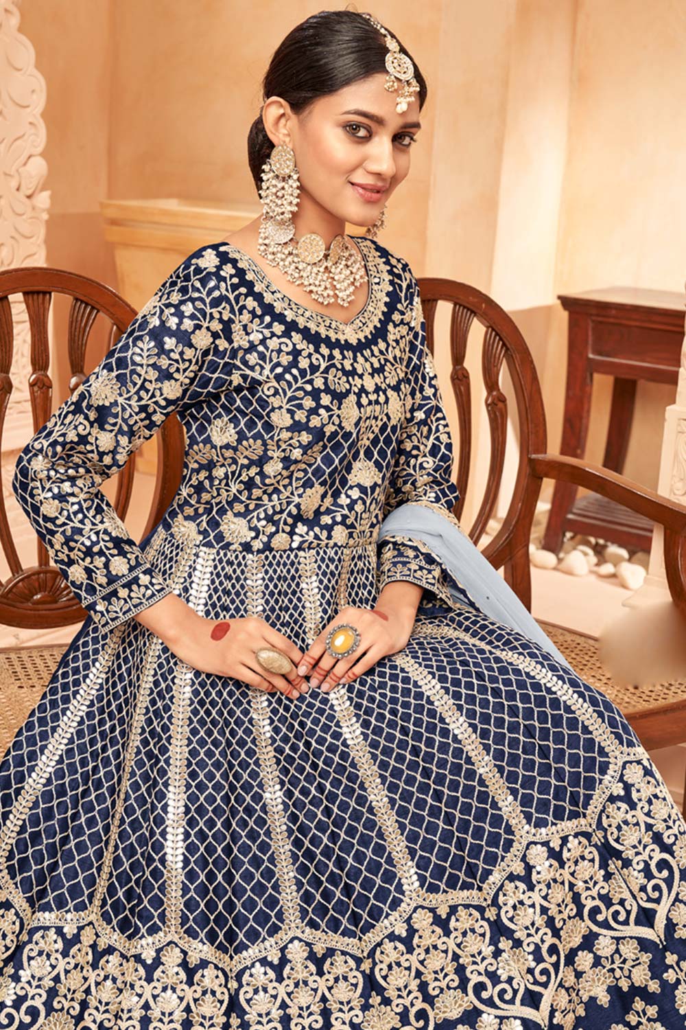 Navy Blue Art Silk Embroidery Anarkali Suit