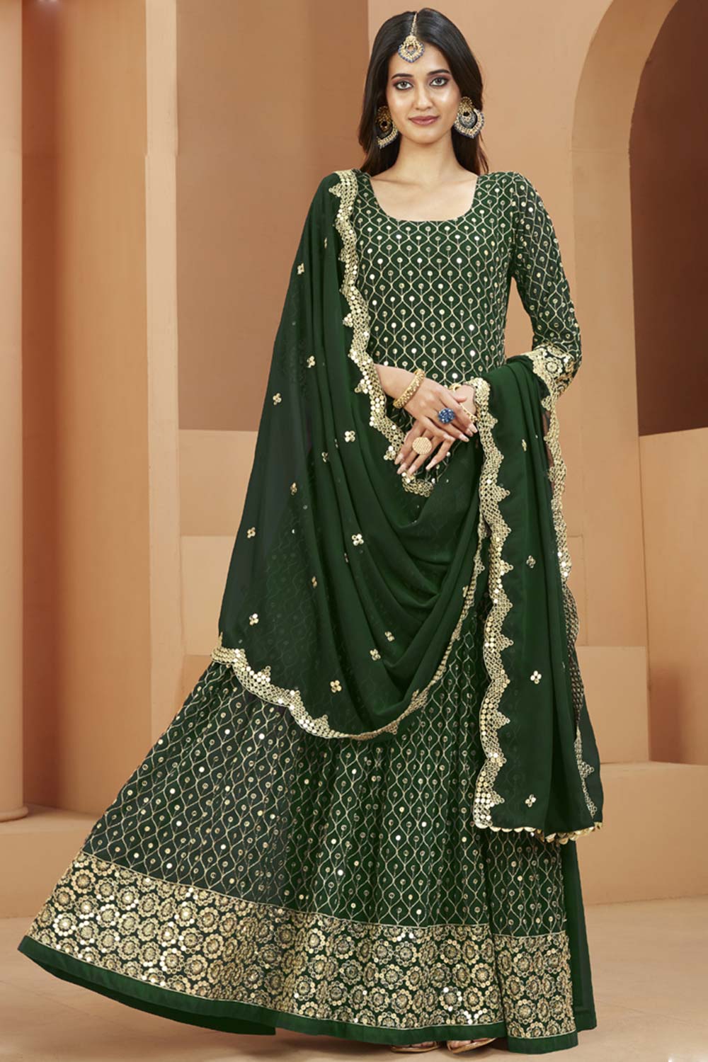 Green Faux Georgette Embroidery Anarkali Suit