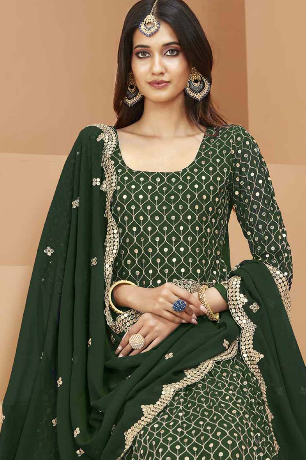 Green Faux Georgette Embroidery Anarkali Suit