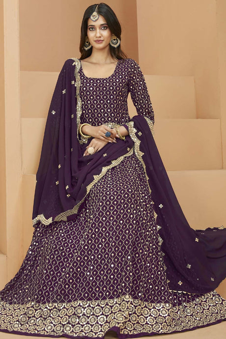 Wine Faux Georgette Embroidery Anarkali Suit