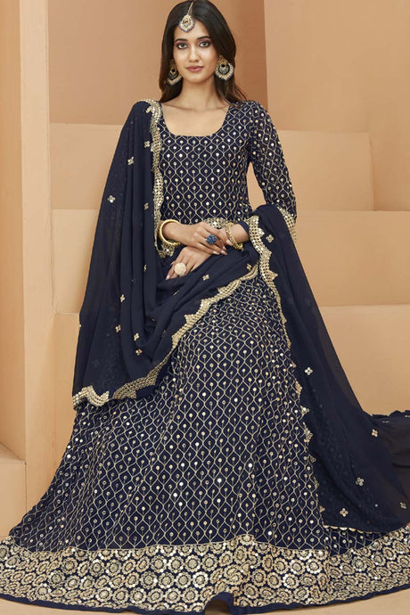 Navy Blue Faux Georgette Embroidery Anarkali Suit