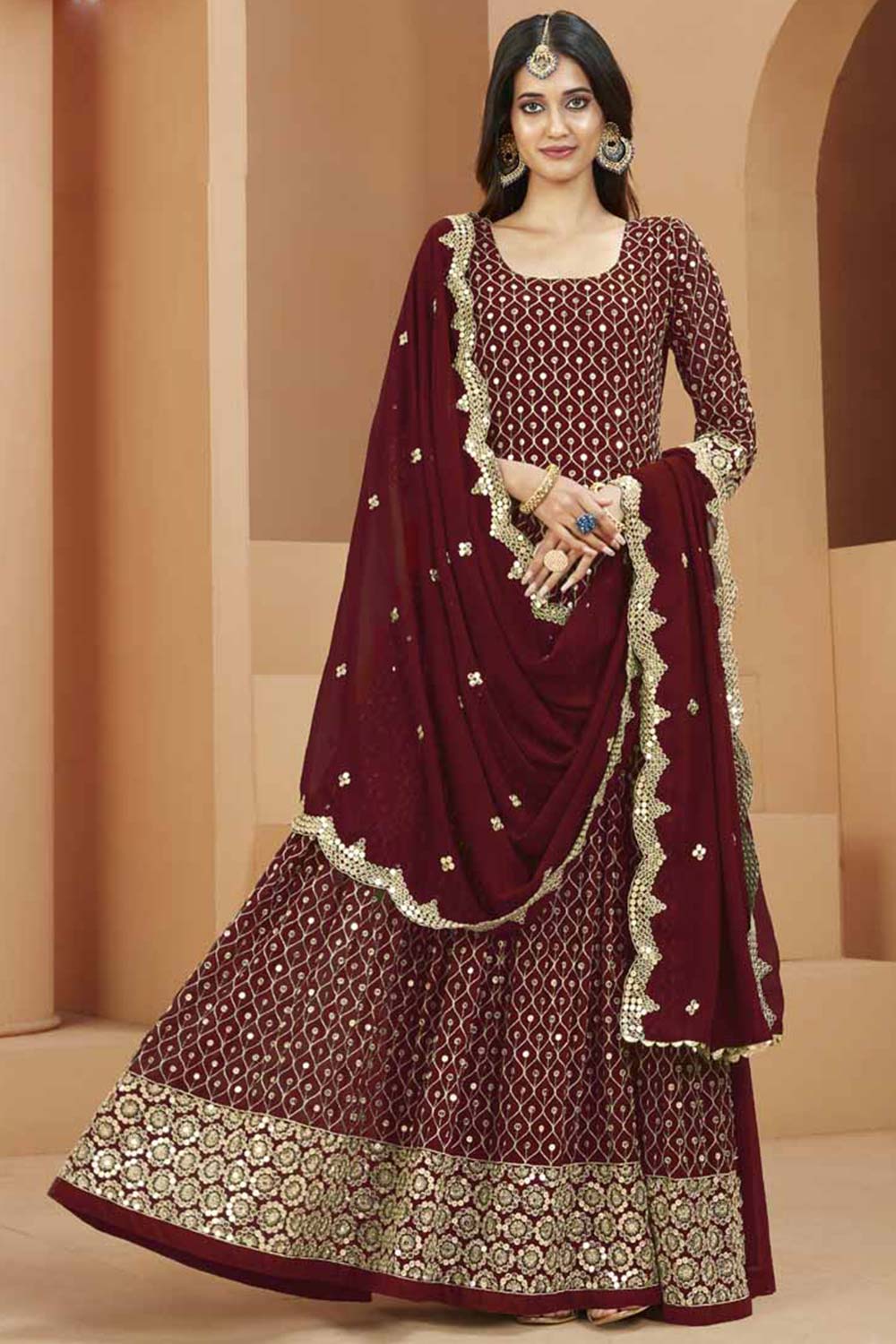 Maroon Faux Georgette Embroidery Anarkali Suit