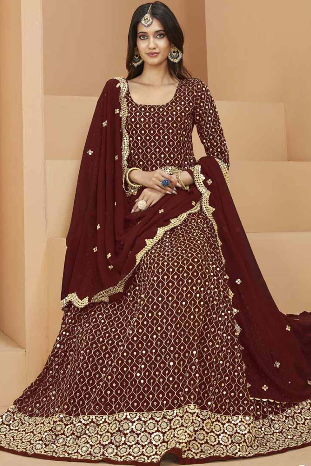 Maroon Faux Georgette Embroidery Anarkali Suit