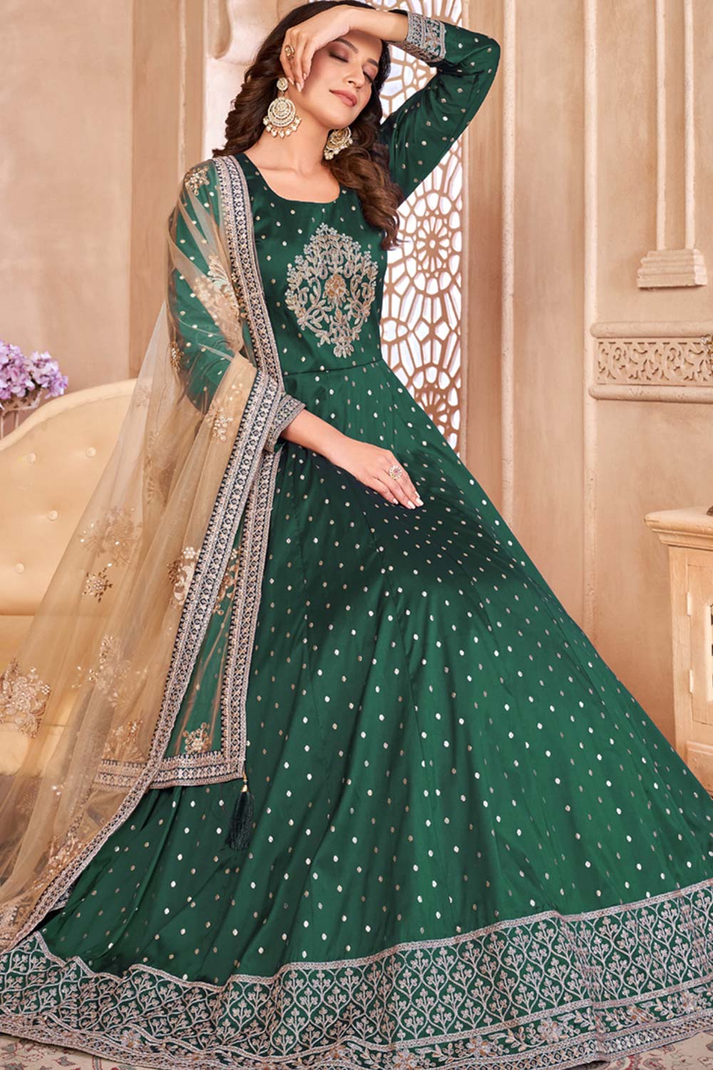 Green Silk Resham_Embroidery Full Sleeve Round Neck Anarkali Salwar Kameez