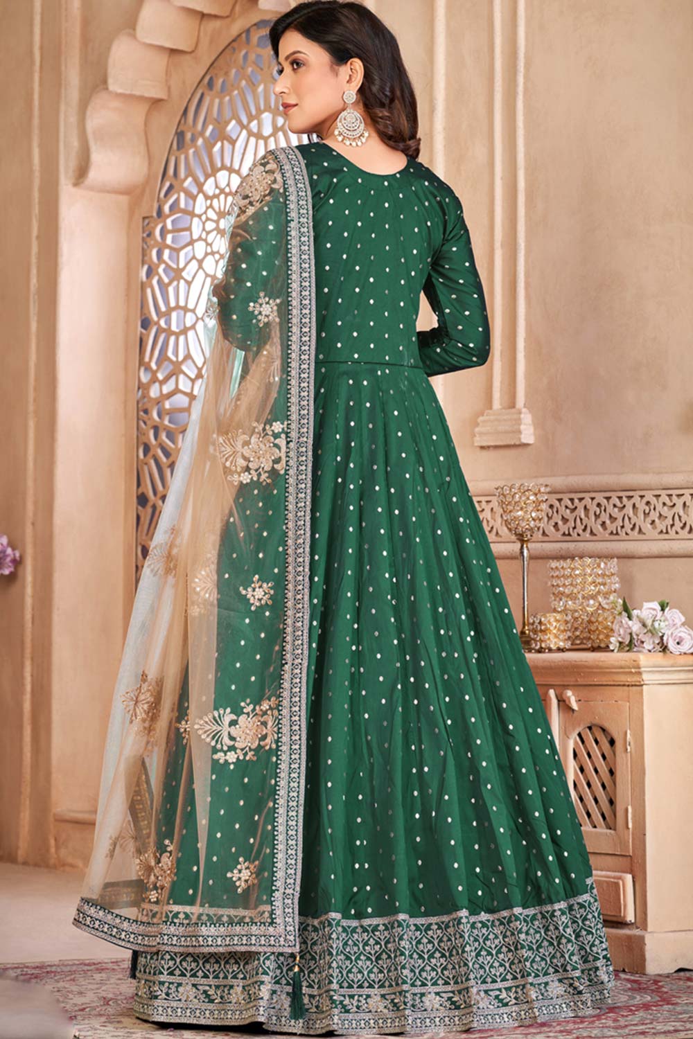 Green Silk Resham_Embroidery Full Sleeve Round Neck Anarkali Salwar Kameez