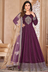 Violet Silk Resham_Embroidery Full Sleeve Round Neck Anarkali Salwar Kameez