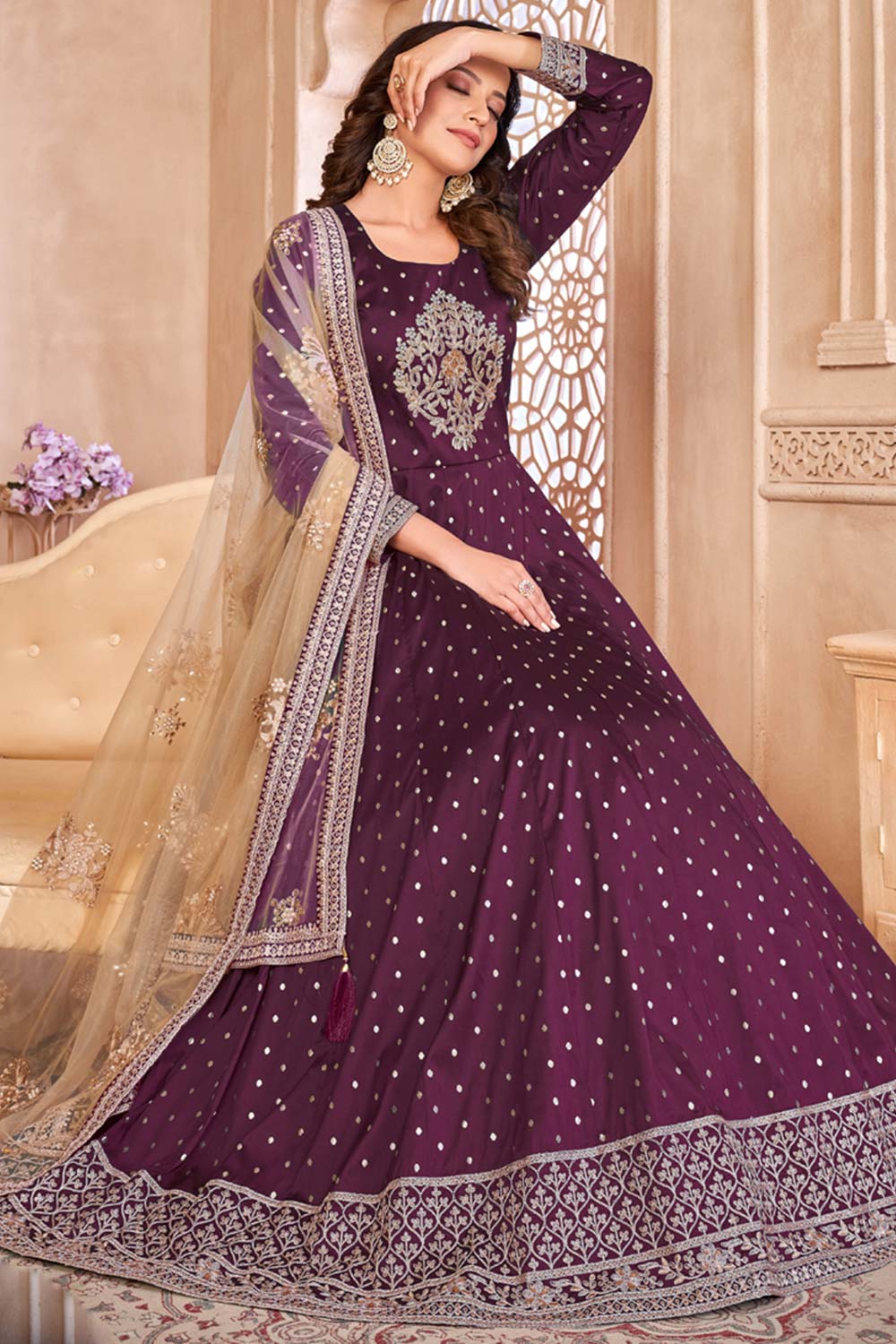 Violet Silk Resham_Embroidery Full Sleeve Round Neck Anarkali Salwar Kameez