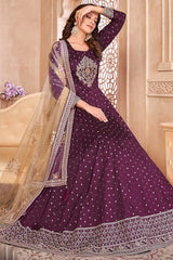 Violet Silk Resham_Embroidery Full Sleeve Round Neck Anarkali Salwar Kameez