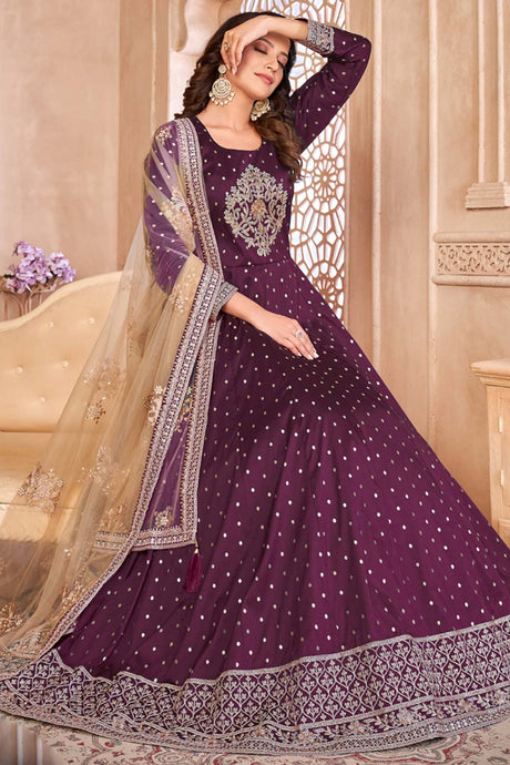 Violet Silk Resham_Embroidery Full Sleeve Round Neck Anarkali Salwar Kameez