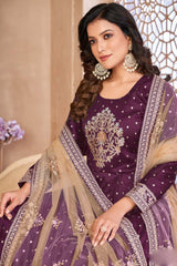 Violet Silk Resham_Embroidery Full Sleeve Round Neck Anarkali Salwar Kameez