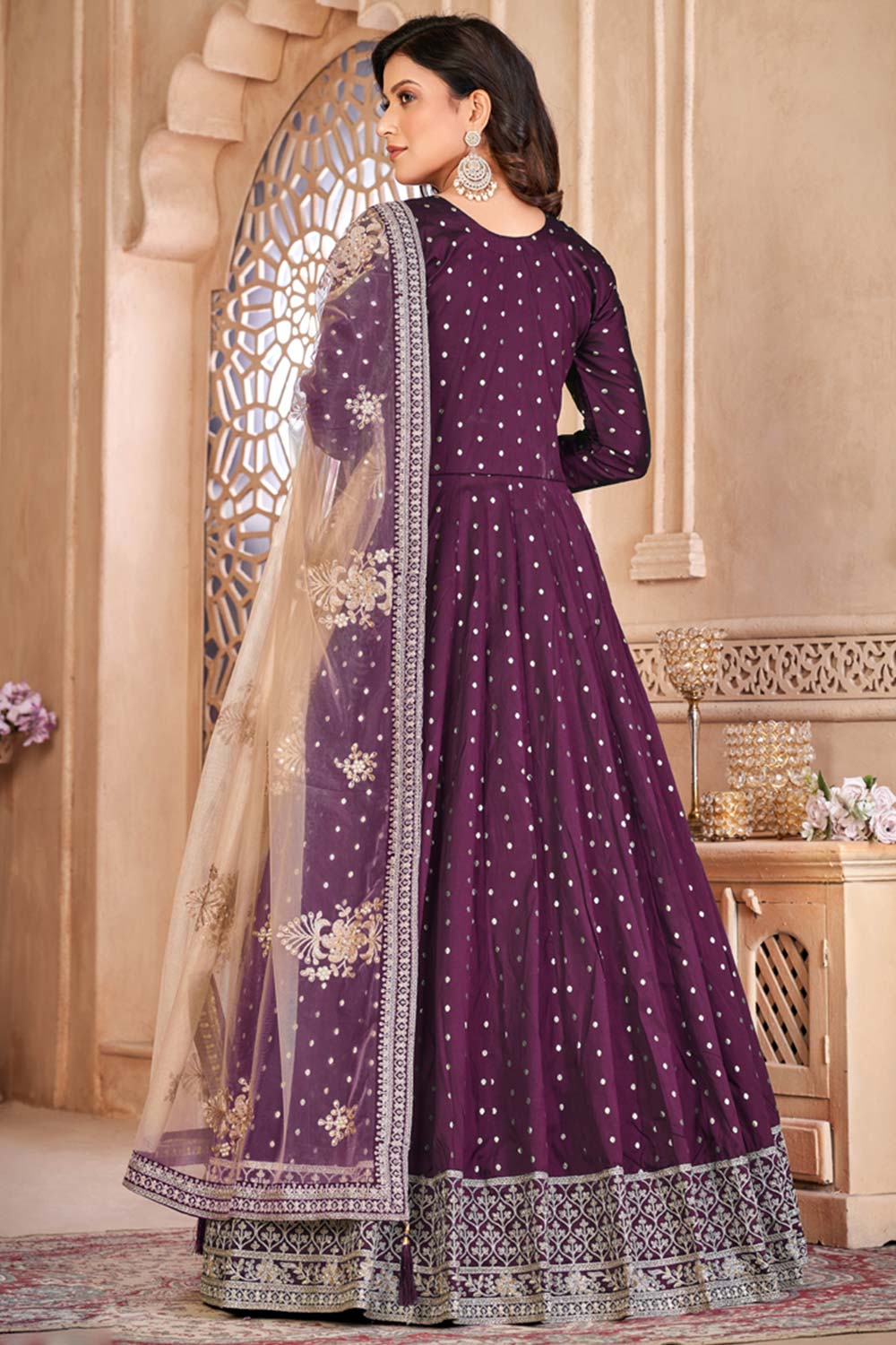 Violet Silk Resham_Embroidery Full Sleeve Round Neck Anarkali Salwar Kameez