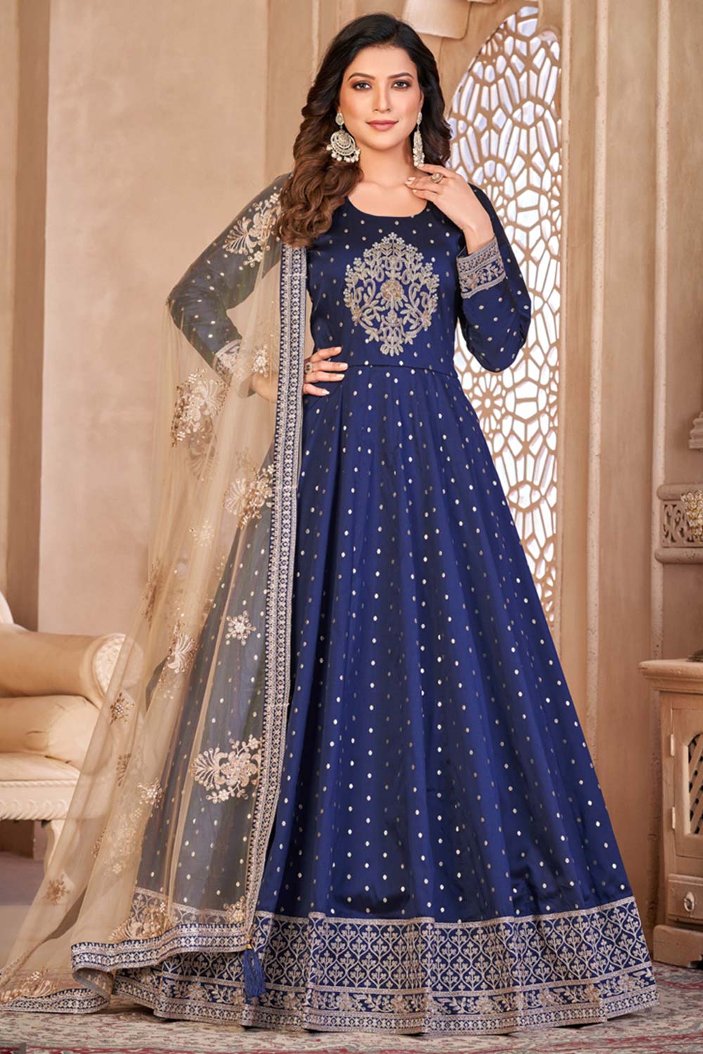 Navy-Blue Silk Resham_Embroidery Full Sleeve Round Neck Anarkali Salwar Kameez