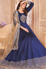 Navy-Blue Silk Resham_Embroidery Full Sleeve Round Neck Anarkali Salwar Kameez