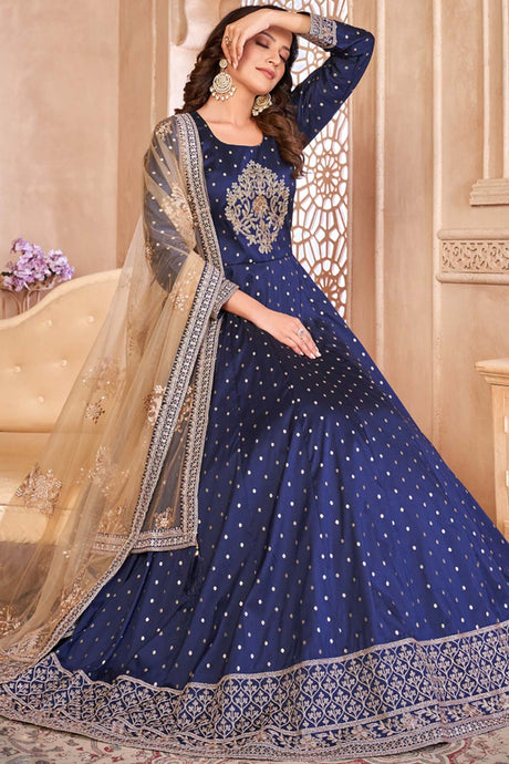 Navy-Blue Silk Resham_Embroidery Full Sleeve Round Neck Anarkali Salwar Kameez