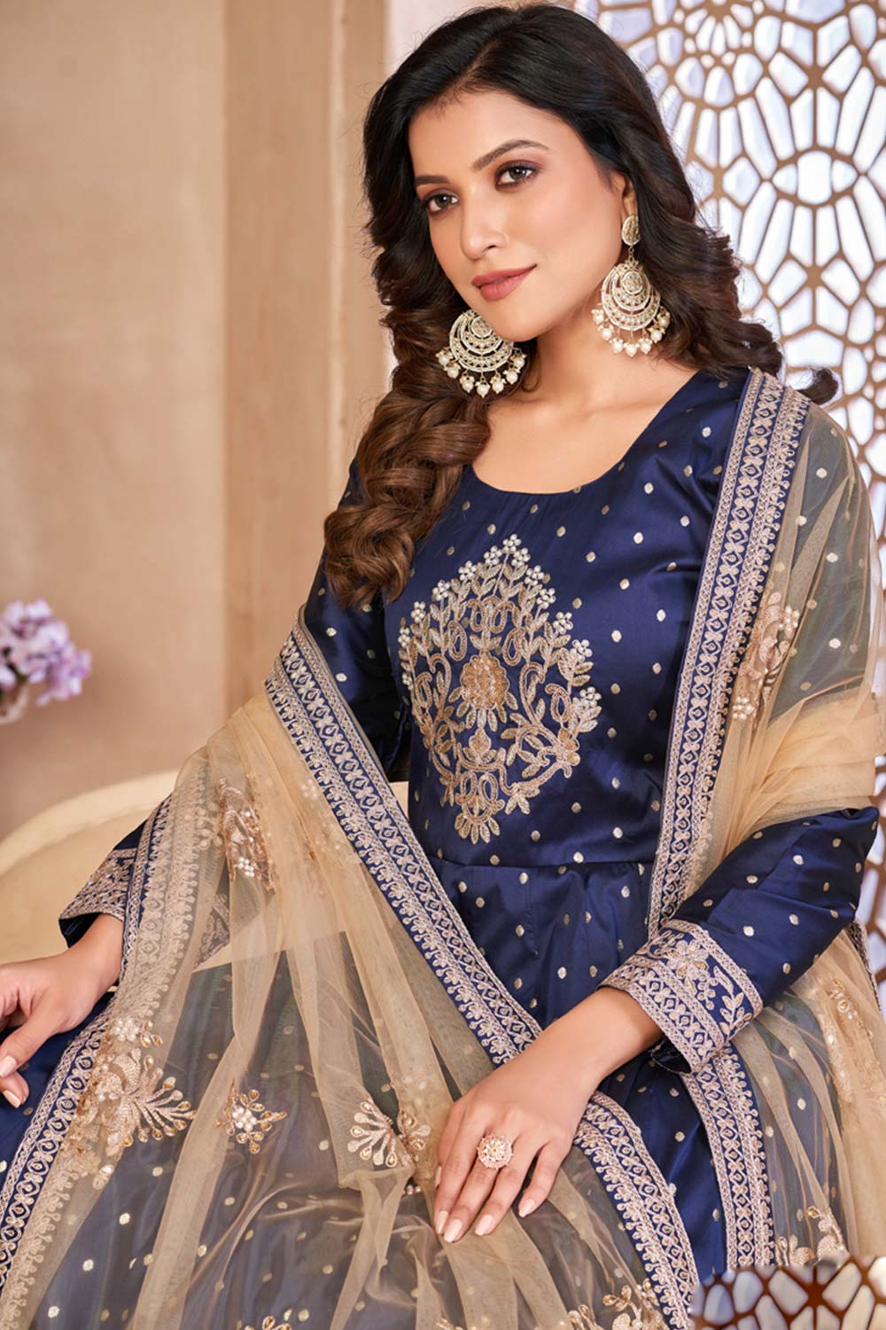 Navy-Blue Silk Resham_Embroidery Full Sleeve Round Neck Anarkali Salwar Kameez