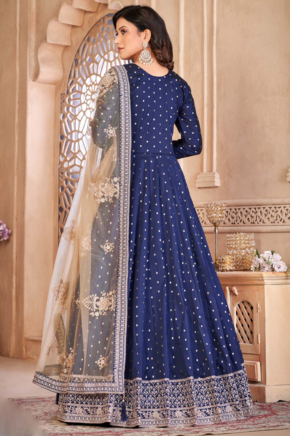 Navy-Blue Silk Resham_Embroidery Full Sleeve Round Neck Anarkali Salwar Kameez